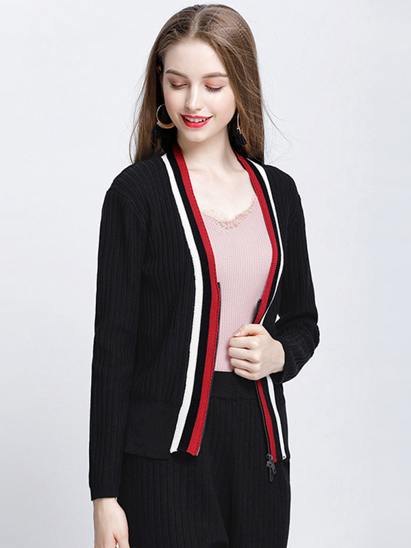 Black Contrast Zip Fastening Knit Cardigan