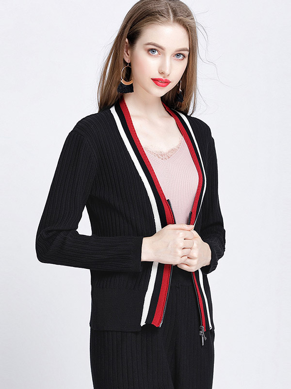 Black Contrast Zip Fastening Knit Cardigan