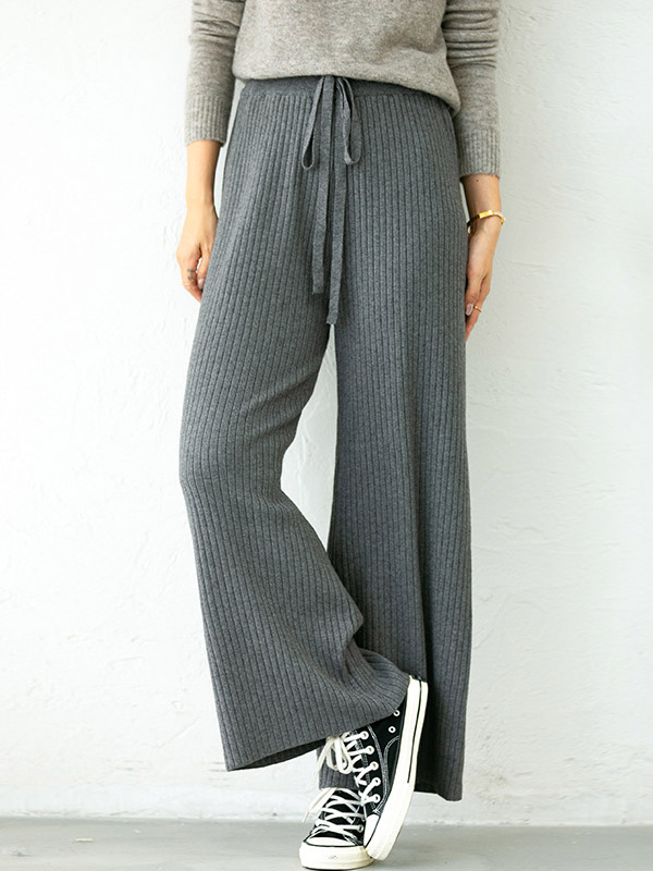 Grey Ribbed Wide Leg Knit Pants