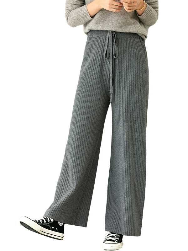 Grey Ribbed Wide Leg Knit Pants