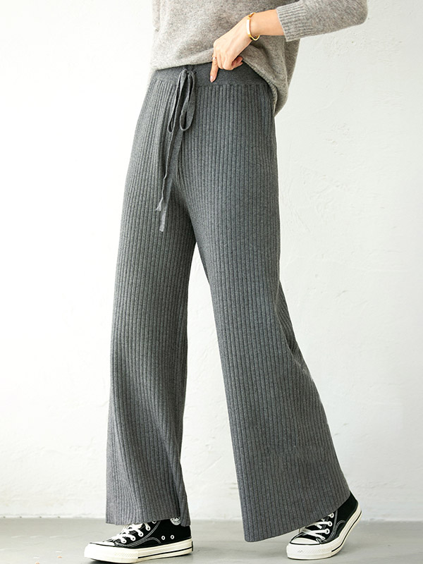 Grey Ribbed Wide Leg Knit Pants