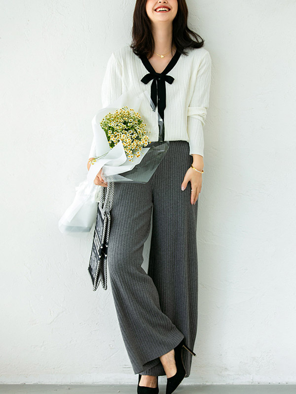 Grey Ribbed Wide Leg Knit Pants