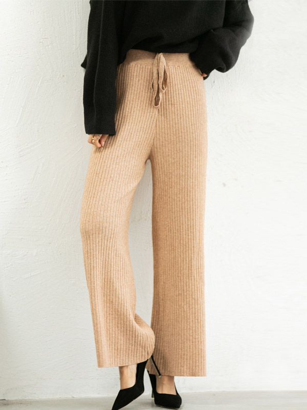 Khaki Ribbed Wide Leg Knit Pants