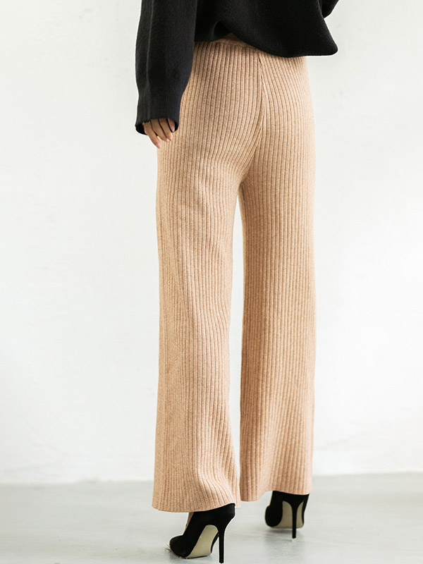 Khaki Ribbed Wide Leg Knit Pants