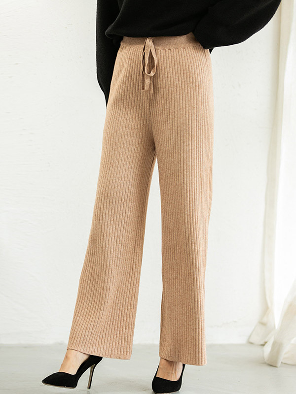 Khaki Ribbed Wide Leg Knit Pants