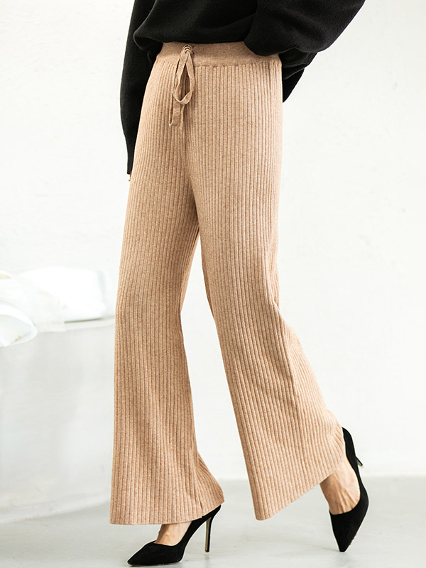 Khaki Ribbed Wide Leg Knit Pants