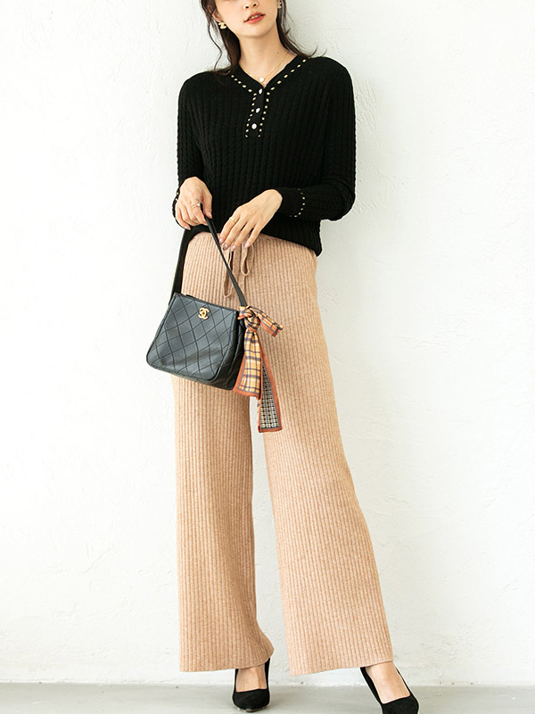 Khaki Ribbed Wide Leg Knit Pants