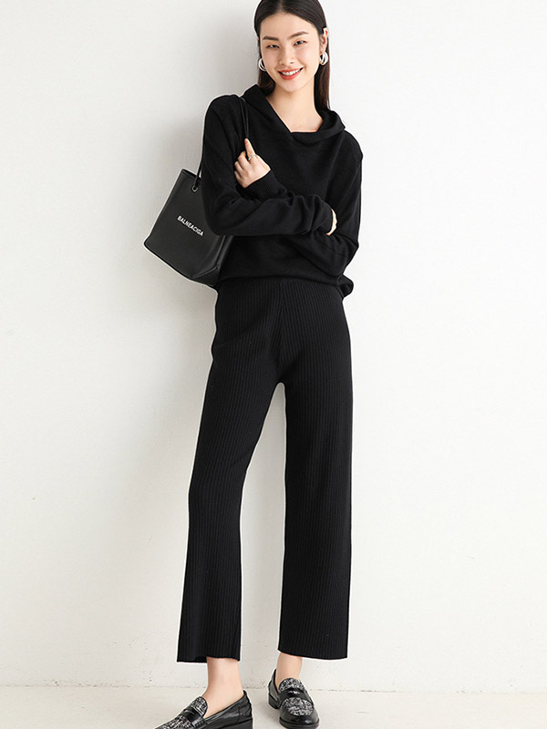 Black High-Waist Fine Knit Pants