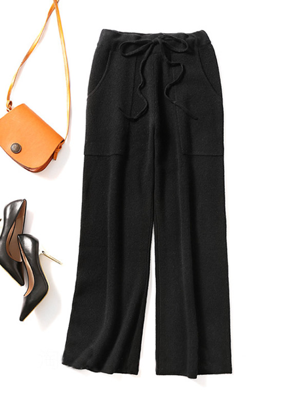 Black Woolen Wide Leg Knit Pants