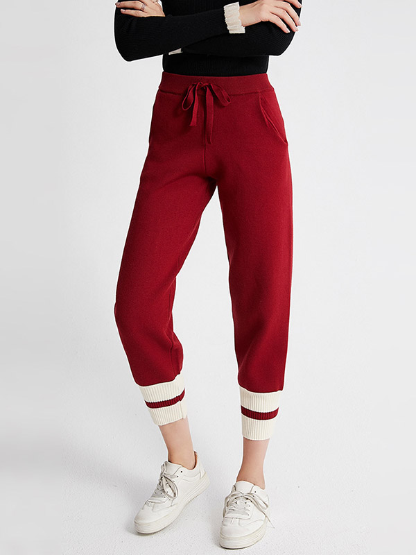 Red Stitching Design Knit Pants