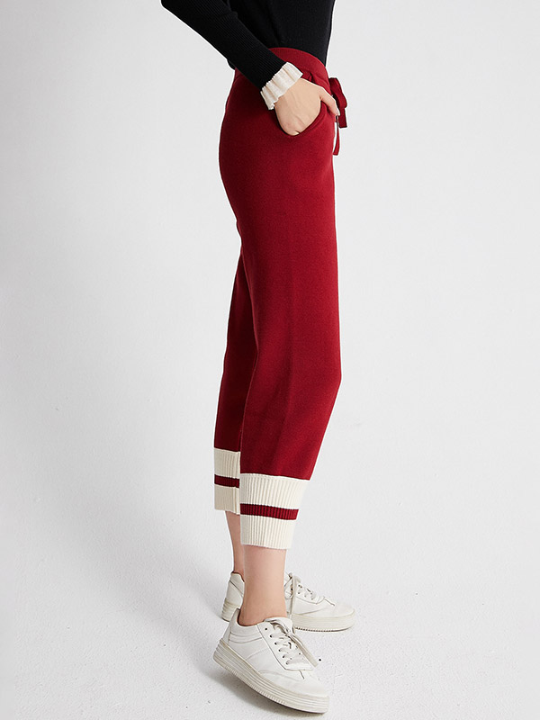 Red Stitching Design Knit Pants