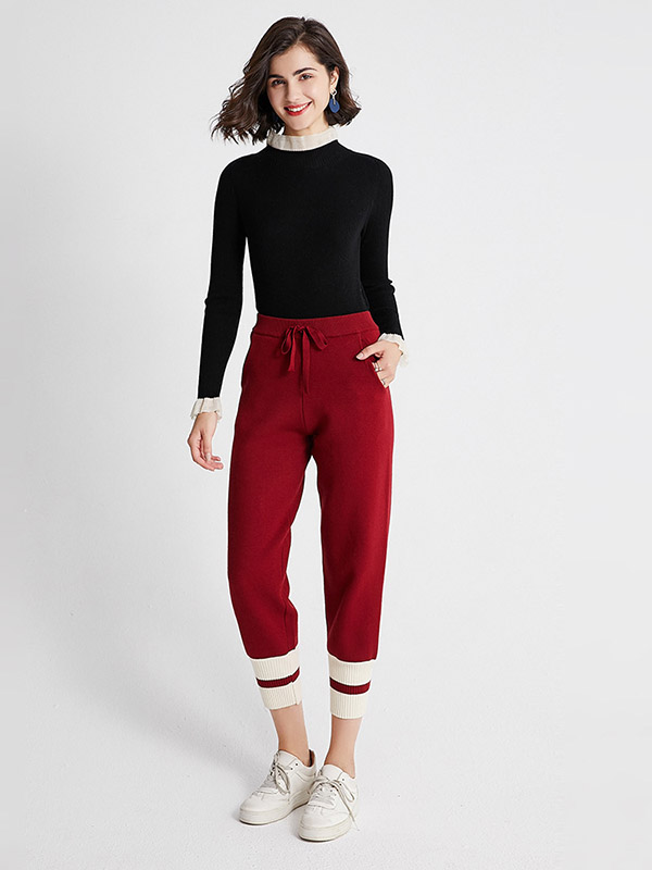 Red Stitching Design Knit Pants