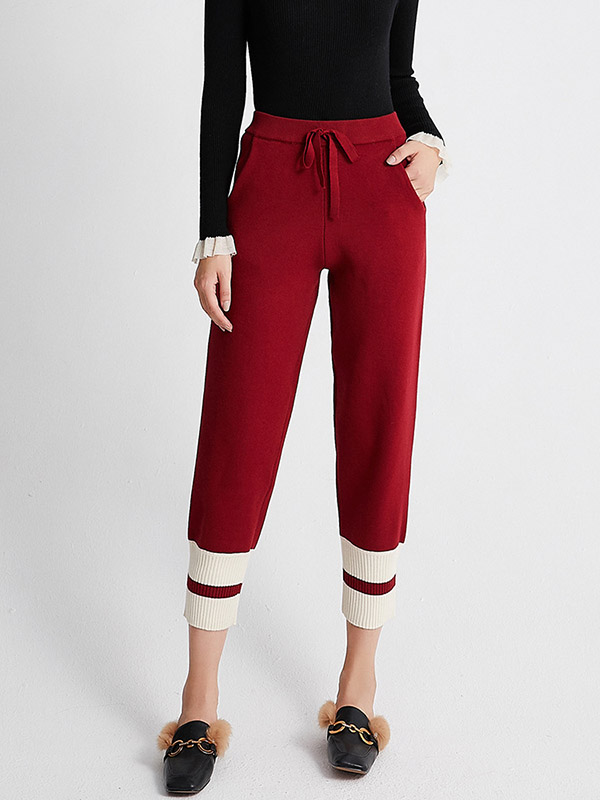 Red Stitching Design Knit Pants