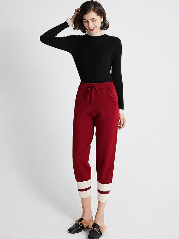 Red Stitching Design Knit Pants