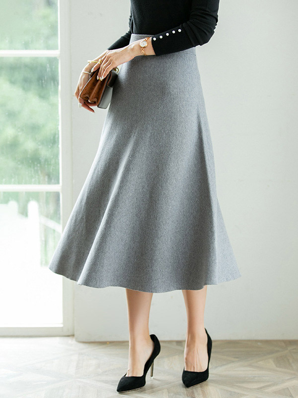 Grey A-line Solid Knit Maxi Skirts