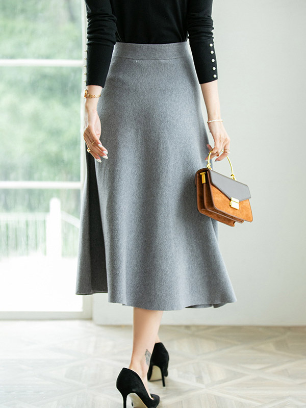 Grey A-line Solid Knit Maxi Skirts