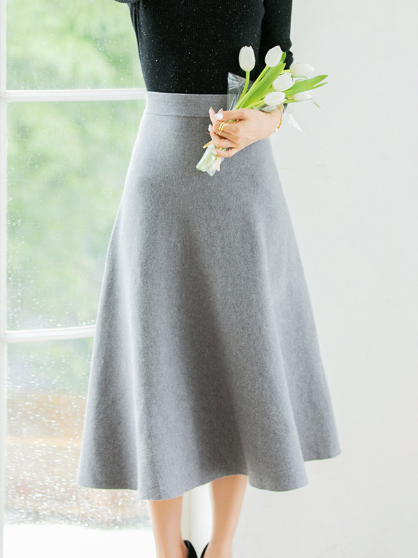 Grey A-line Solid Knit Maxi Skirts