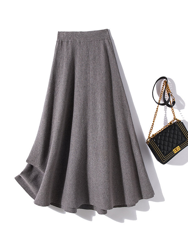 Grey A-line Solid Knit Maxi Skirts