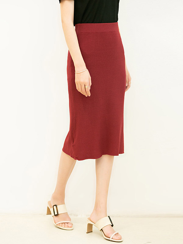 Red One Step Split Knitted Skirts