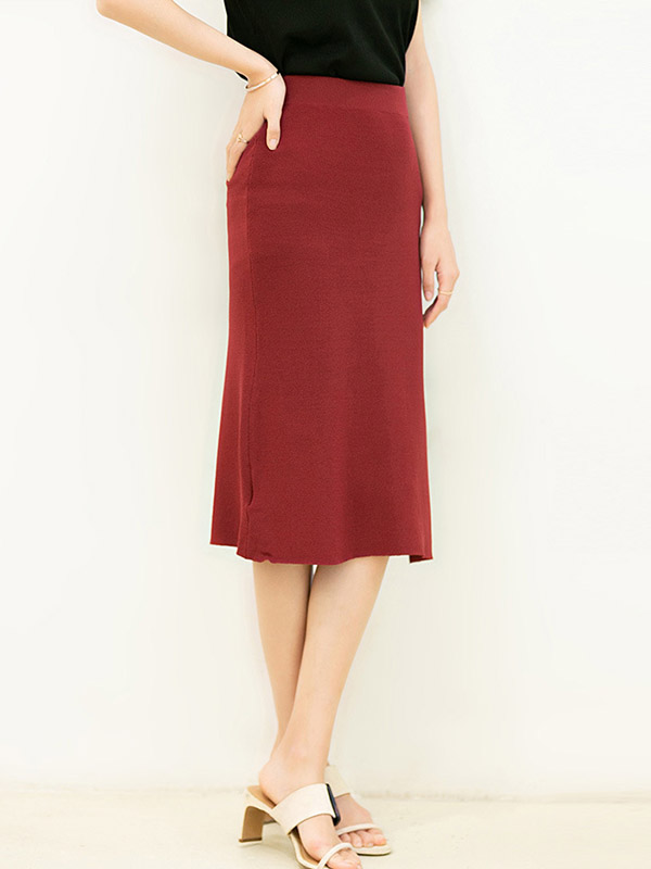 Red One Step Split Knitted Skirts