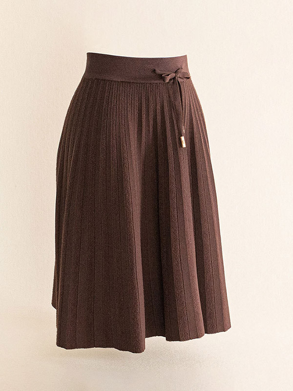 Brown Elastic Waist Midi Knitted Skirts