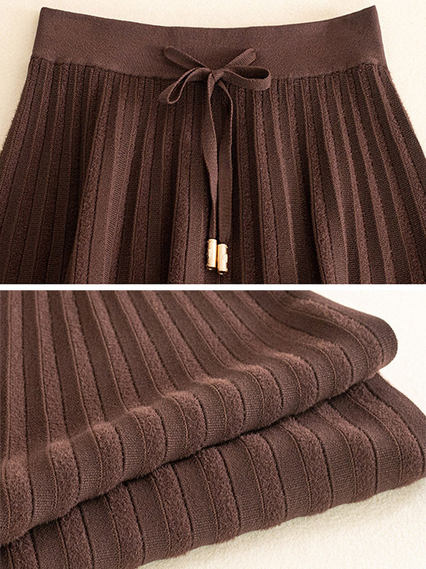 Brown Elastic Waist Midi Knitted Skirts