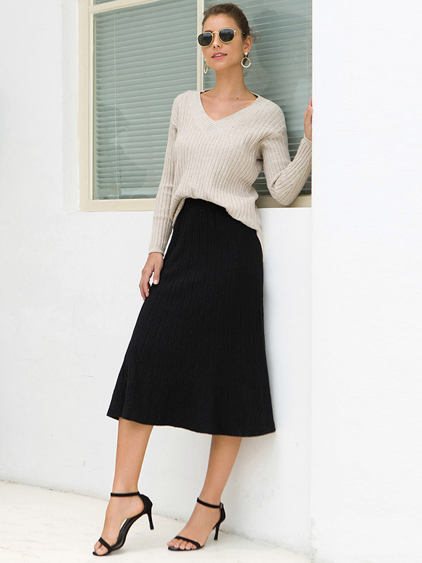 Black Ribbed Texture Knit Skirts