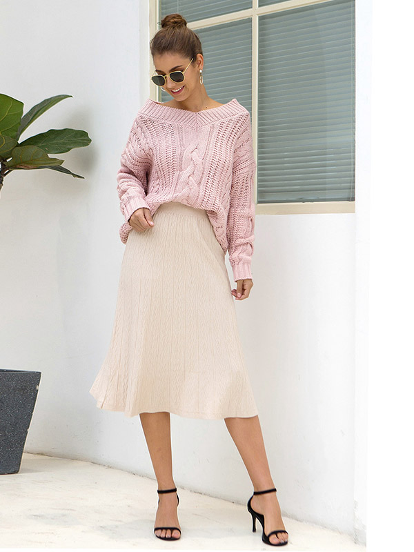 Apricot Ribbed Texture Knit Skirts