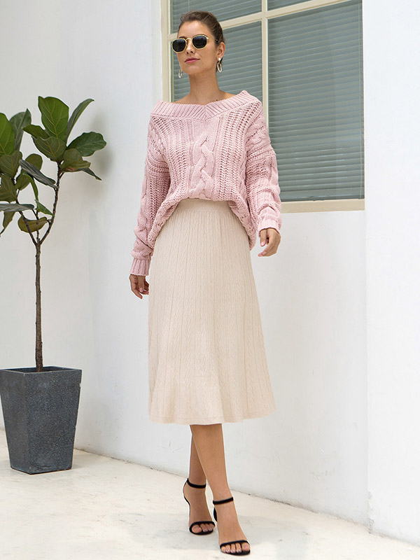 Apricot Ribbed Texture Knit Skirts