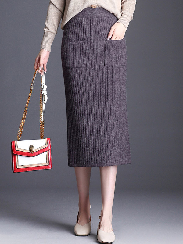 Light Grey Front Pocket Wrap Knitted Skirts