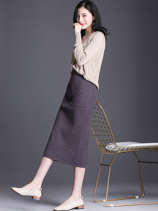 Light Grey Front Pocket Wrap Knitted Skirts