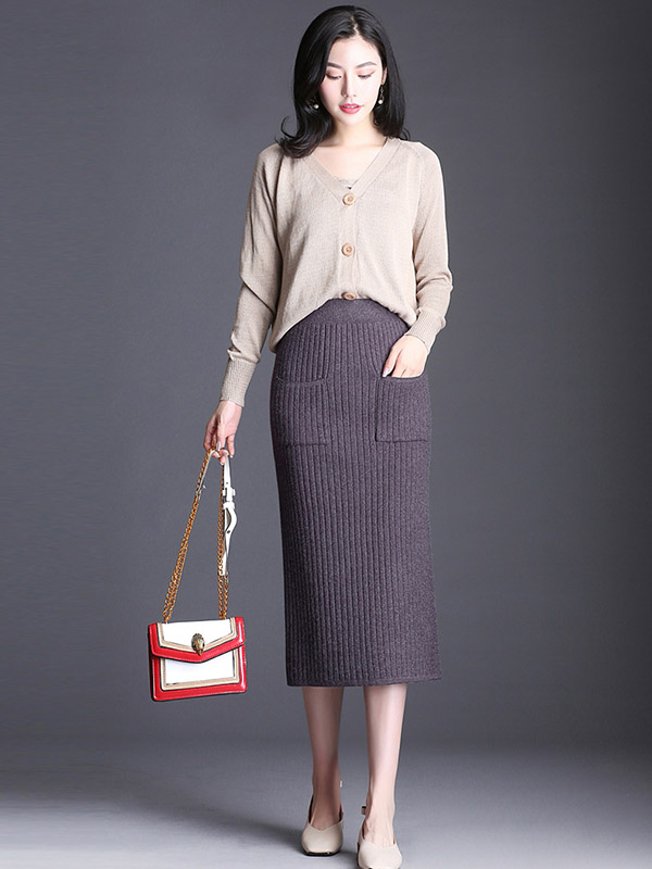 Light Grey Front Pocket Wrap Knitted Skirts