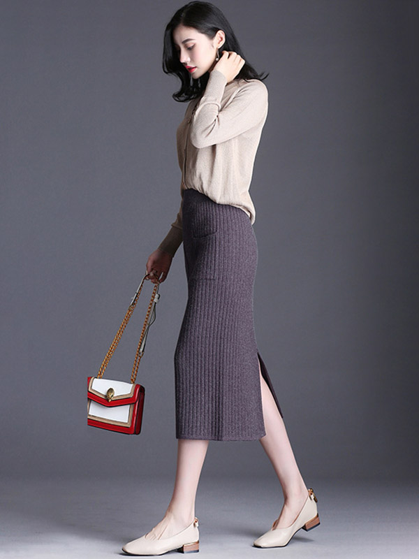 Light Grey Front Pocket Wrap Knitted Skirts