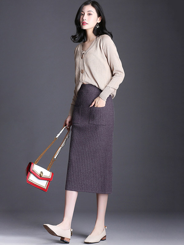 Light Grey Front Pocket Wrap Knitted Skirts