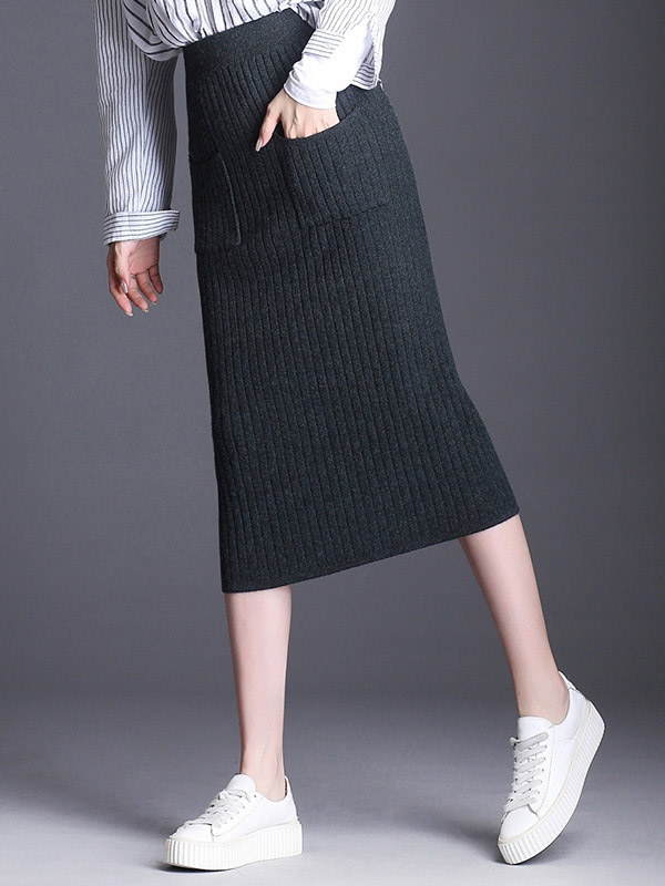 Dark Grey Front Pocket Wrap Knitted Skirts