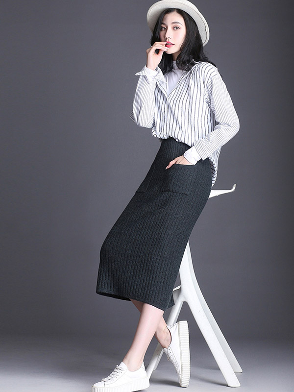 Dark Grey Front Pocket Wrap Knitted Skirts