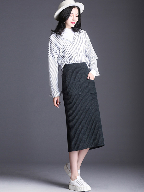 Dark Grey Front Pocket Wrap Knitted Skirts