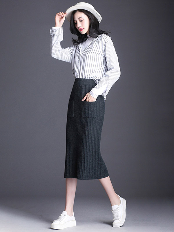 Dark Grey Front Pocket Wrap Knitted Skirts