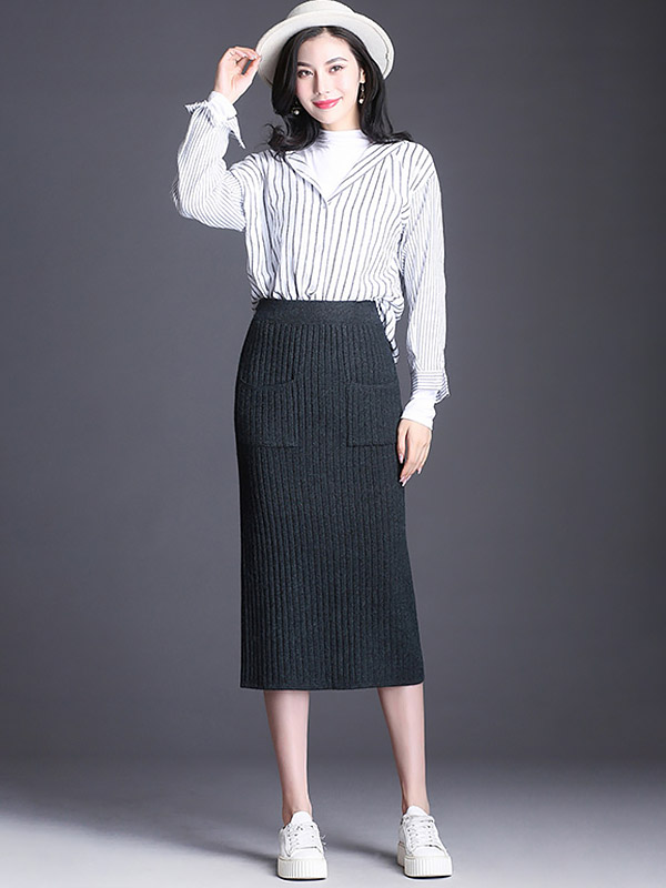 Dark Grey Front Pocket Wrap Knitted Skirts