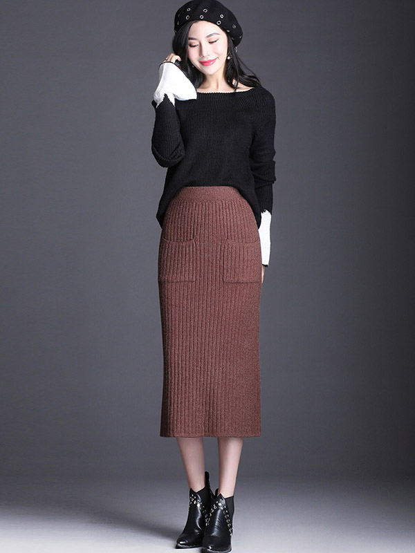 Brown Front Pocket Wrap Knitted Skirts