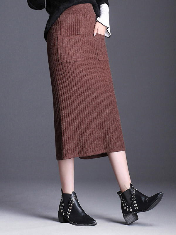 Brown Front Pocket Wrap Knitted Skirts