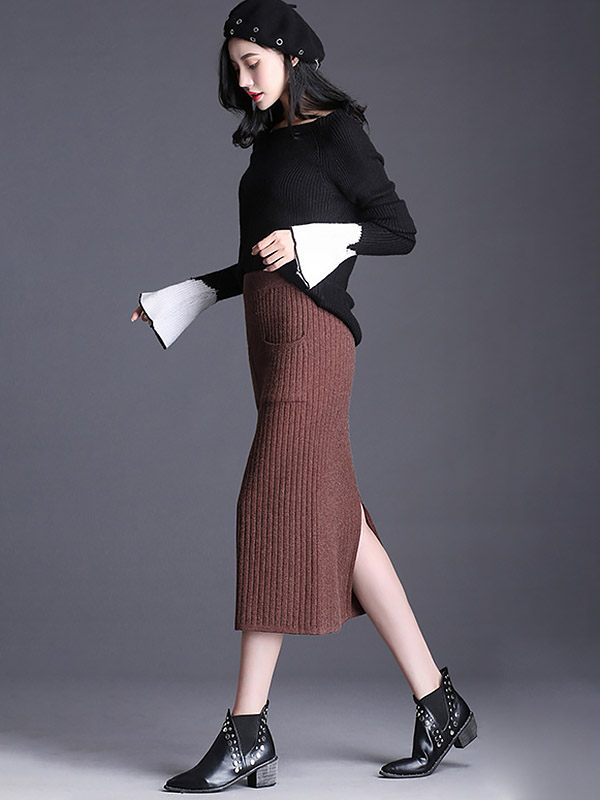 Brown Front Pocket Wrap Knitted Skirts