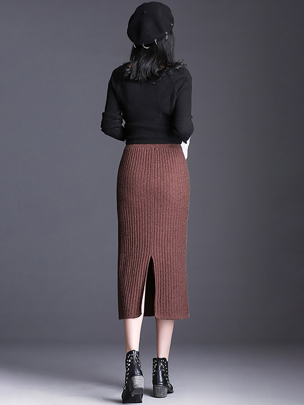 Brown Front Pocket Wrap Knitted Skirts