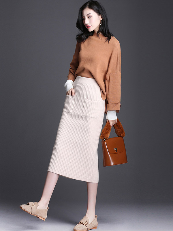 Beige Front Pocket Wrap Knitted Skirts