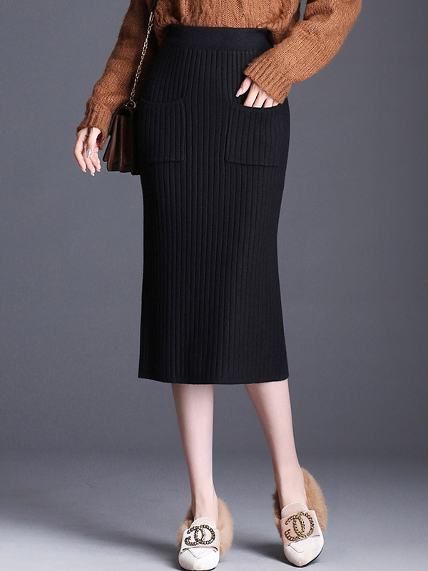 Black Front Pocket Wrap Knitted Skirts