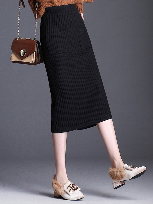 Black Front Pocket Wrap Knitted Skirts