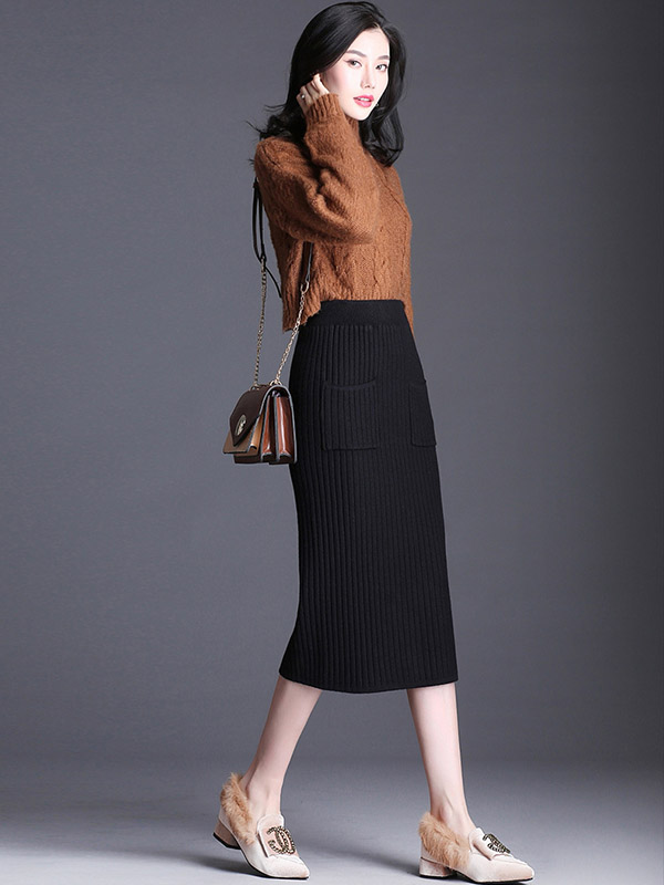 Black Front Pocket Wrap Knitted Skirts