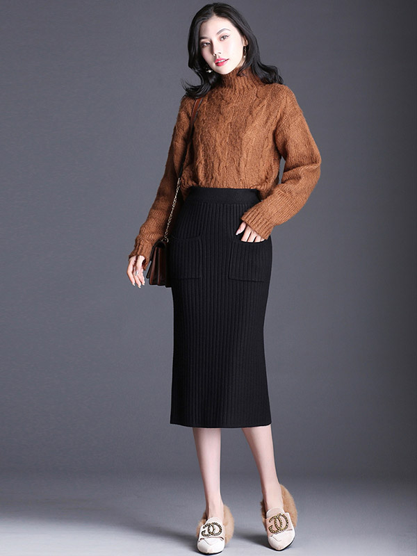 Black Front Pocket Wrap Knitted Skirts