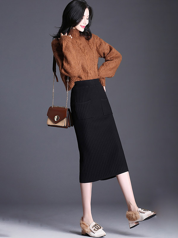 Black Front Pocket Wrap Knitted Skirts