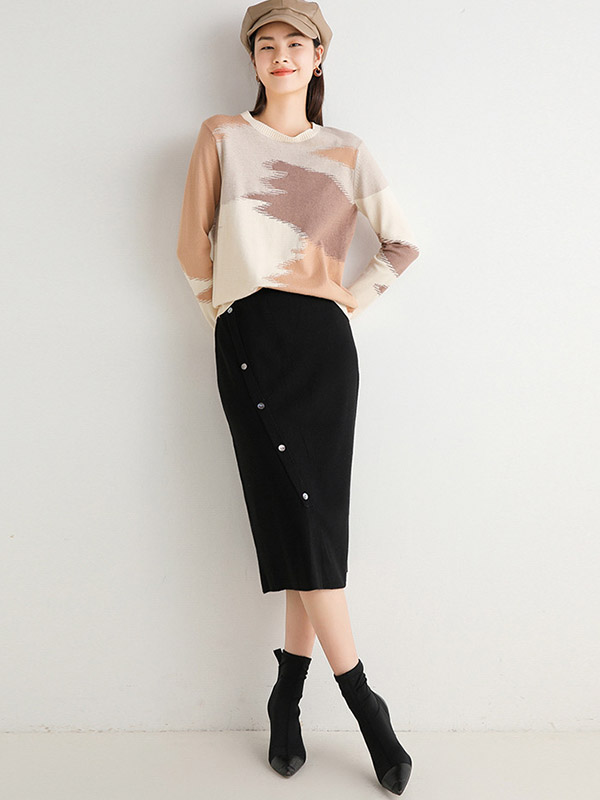 Black Oblique Button Wrap Maxi Knitted Skirts